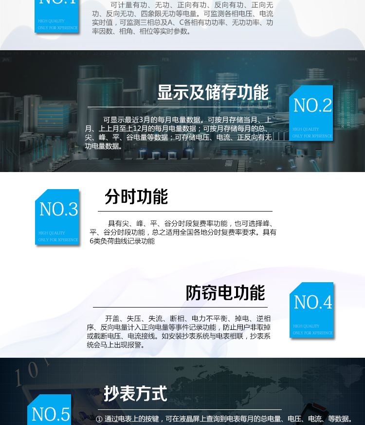杭州百富華隆DSSD532三相三線電子式多功能電能表產品功能
　　電能計量功能
　　計量參數：可計量有功、無功、正向有功、反向有功、正向無功、反向無功、四象限無功等電量。
　　監(jiān)測參數：可監(jiān)測各相電壓、電流實時值，可監(jiān)測三相總及A、C各相有功功率、無功功率、功率因數、相角、相位等實時參數。
　　分時功能：具有尖、峰、平、谷分時段復費率功能，也可選擇峰、平、谷分時段功能，總之適用全國各地分時復費率要求。
　　數據存儲：可按月存儲當月、上月、上上月至上12月的每月電量數據;可按月存儲每月的總、尖、峰、平、谷電量等數據;可存儲電壓、電流、正反向有無功電量數據。
　　具有6類負荷曲線記錄功能。
　　顯示功能：可顯示最近3月的每月電量數據。
　　防竊電功能
　　開蓋記錄功能，防止非法更改電路。
　　電壓合格率、失壓記錄功能，防止用戶非法取掉或截斷電壓接線，如已發(fā)生，可通過記錄的時間核算所損失的電量，為追補電量提供依據。
　　失流、斷相記錄功能，防止用戶非法短接電流接線，如已發(fā)生，可通過記錄的時間核算所損失的電量，為追補電量提供依據。
　　電流不平衡記錄：可警惕用戶在電表接線的前端截取電量。
　　掉電記錄功能，防止用戶非法取下電表的工作電源，如已發(fā)生，可通過記錄的時間核算所損失的電量，為追補電量提供依據。
　　反向電量計入正向電量，用戶如將電流線接反，電表照樣正向走字，不具有竊電作用。
　　逆相序報警，用戶非法接線，電表會報警，除非把線接正確，否則一直報警。
　　以上情況如發(fā)出，電表會出現報警標志，如安裝抄表系統與電表相聯，抄表系統會馬上出現報警。