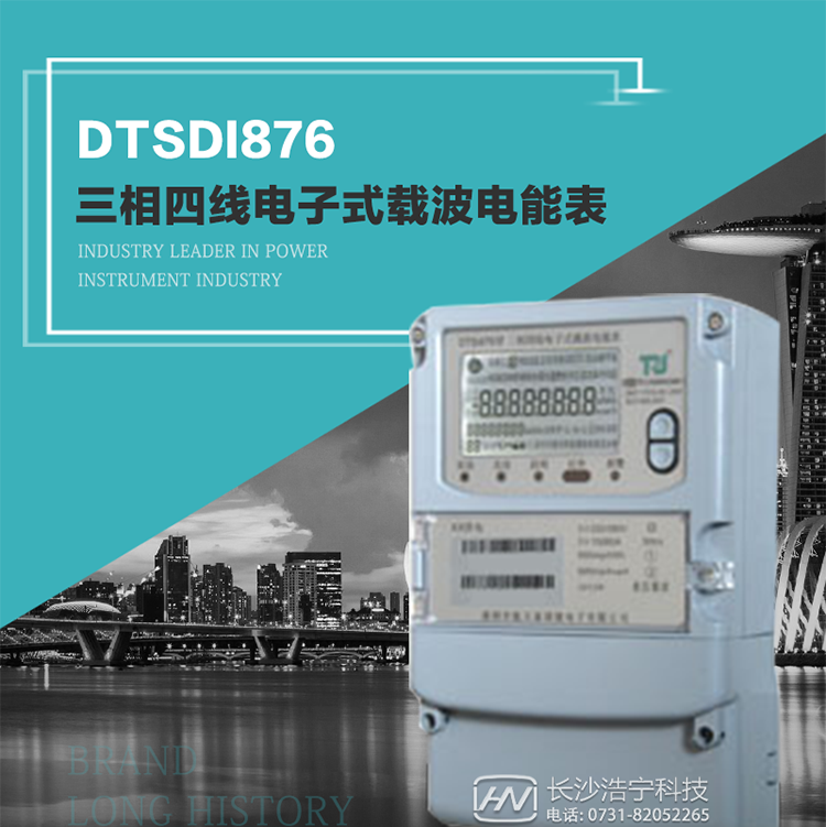 產品型號：DTSDI876 型三相四線電子式載波電能表
精度等級：有功1級,無功2級 
額定電壓： 3×100V 、 3×57.7/100V、 3×220/380V 
額定電流： 0.3(1.2)A～30(100)A 
頻 率： 50HZ 
工作溫度：-40℃～+70℃ 
顯示方式： 液晶 
整機功耗： 
重量： 約2.3kg 
外形尺寸： 265mm?170mm?75mm