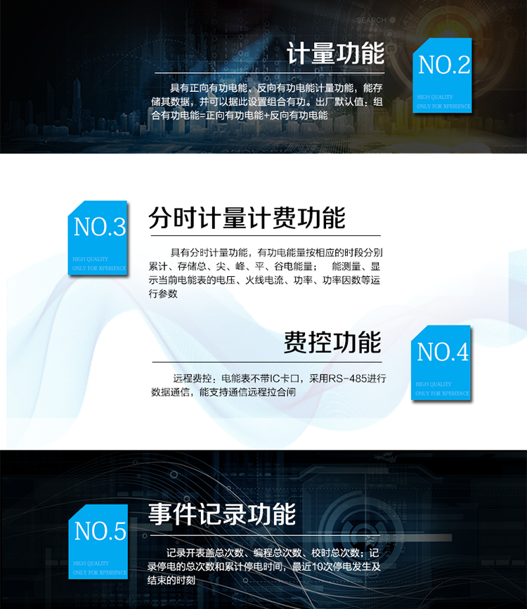 主要功能：
具有雙向分時(shí)計(jì)量、信息存儲(chǔ)及處理、測(cè)量及監(jiān)測(cè)、數(shù)據(jù)凍結(jié)、安全認(rèn)證、遠(yuǎn)程費(fèi)控、停電抄表等功能，記錄各類事件。
通訊方式：485通訊，紅外通訊，相互獨(dú)立。