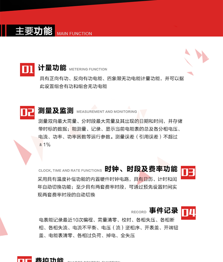 主要功能
1. 電能計量
具有正向有功、反向有功電能、四象限無功電能計量功能，并可以據(jù)此設(shè)置組合有功和組合無功電能。
2. 需量計量
測量雙向最大需量、分時段最大需量及其出現(xiàn)的日期和時間，并存儲帶時標的數(shù)據(jù)。
3. 測量及監(jiān)測
能測量、記錄、顯示當前電能表的總及各分相電壓、電流、功率、功率因數(shù)等運行參數(shù)。測量誤差（引用誤差）不超過±1%。
4. 時鐘、時段及費率功能
采用具有溫度補償功能的內(nèi)置硬件時鐘電路，具有日歷、計時和閏年自動切換功能。內(nèi)部時鐘端子輸出頻率為1Hz。至少具有兩套費率時段，可通過預先設(shè)置時間實現(xiàn)兩套費率時段的自動切換。每套費率時段全年至少可設(shè)置2個時區(qū)，24小時內(nèi)至少可以設(shè)置8個時段，時段最小間隔為15分鐘，并且時段間隔大于表內(nèi)設(shè)定的需量周期值，時段可跨越零點設(shè)置。
5. 費控功能 
電能表費控功能的實現(xiàn)方式通過CPU卡等固態(tài)介質(zhì)實現(xiàn)。具有兩套階梯電價計費方式，并可在設(shè)置時間點啟用另一套階梯電價計費。
6. 無線通信
通過無線通信與主站通信。支持在安全認證前提下，通過無線網(wǎng)絡(luò)信道修改費率時段表及電價。
7. 事件記錄
電表能記錄最近10次編程、需量清零、校時、各相失壓、各相斷相、各相失流、電流不平衡、電壓（流）逆相序、開表蓋、開端鈕蓋、電能表清零、各相過負荷、掉電、全失壓。
8. 凍結(jié)
具有定時凍結(jié)、瞬時凍結(jié)、約定凍結(jié)和日凍結(jié)功能。
9.　負荷記錄
記錄正反向有功總電能、無功總電能、四象限無功總電能、組合有功、組合無功1、組合無功2，負荷記錄間隔時間可以在1～60min范圍內(nèi)設(shè)置，時間間隔為1min的情況下可記錄不少于40天的數(shù)據(jù)容量。
10. 停電抄表
在停電狀態(tài)下，能通過按鍵或非接觸方式喚醒電能表，抄讀電能量等數(shù)據(jù)。
11. 擴展功能
計量視在電能、諧波電壓、電流、電量的監(jiān)測、電能質(zhì)量監(jiān)測和計算鐵損、銅損。 