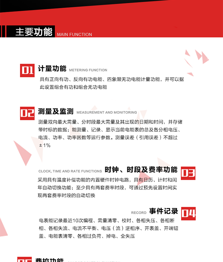 主要功能
1. 　電能計量
具有正向有功、反向有功電能、四象限無功電能計量功能，并可以據(jù)此設(shè)置組合有功和組合無功電能。
2. 　需量計量
測量雙向最大需量、分時段最大需量及其出現(xiàn)的日期和時間，并存儲帶時標(biāo)的數(shù)據(jù)。
3. 　測量及監(jiān)測
能測量、記錄、顯示當(dāng)前電能表的總及各分相電壓、電流、功率、功率因數(shù)等運行參數(shù)。測量誤差（引用誤差）不超過±1%。
4. 　時鐘、時段及費率功能
采用具有溫度補償功能的內(nèi)置硬件時鐘電路，具有日歷、計時和閏年自動切換功能。內(nèi)部時鐘端子輸出頻率為1Hz。至少具有兩套費率時段，可通過預(yù)先設(shè)置時間實現(xiàn)兩套費率時段的自動切換。每套費率時段全年至少可設(shè)置2個時區(qū)，24小時內(nèi)至少可以設(shè)置8個時段，時段最小間隔為15分鐘，并且時段間隔大于表內(nèi)設(shè)定的需量周期值，時段可跨越零點設(shè)置。
5. 　費控功能 
電能表費控功能的實現(xiàn)方式通過公網(wǎng)等虛擬介質(zhì)和遠(yuǎn)程售電系統(tǒng)實現(xiàn)。
6. 　無線通信
通過無線通信與主站通信。支持在安全認(rèn)證前提下，通過無線網(wǎng)絡(luò)信道修改費率時段表及電價。
7. 　事件記錄
電表能記錄最近10次編程、需量清零、校時、各相失壓、各相斷相、各相失流、電流不平衡、電壓（流）逆相序、開表蓋、開端鈕蓋、電能表清零、各相過負(fù)荷、掉電、全失壓。
8. 　凍結(jié)
具有定時凍結(jié)、瞬時凍結(jié)、約定凍結(jié)和日凍結(jié)功能。
9.　 負(fù)荷記錄
記錄正反向有功總電能、無功總電能、四象限無功總電能、組合有功、組合無功1、組合無功2，負(fù)荷記錄間隔時間可以在1～60min范圍內(nèi)設(shè)置，時間間隔為1min的情況下可記錄不少于40天的數(shù)據(jù)容量。
10. 　停電抄表
在停電狀態(tài)下，能通過按鍵或非接觸方式喚醒電能表，抄讀電能量等數(shù)據(jù)。
11. 擴(kuò)展功能
計量視在電能、諧波電壓、電流、電量的監(jiān)測、電能質(zhì)量監(jiān)測和計算鐵損、銅損。 