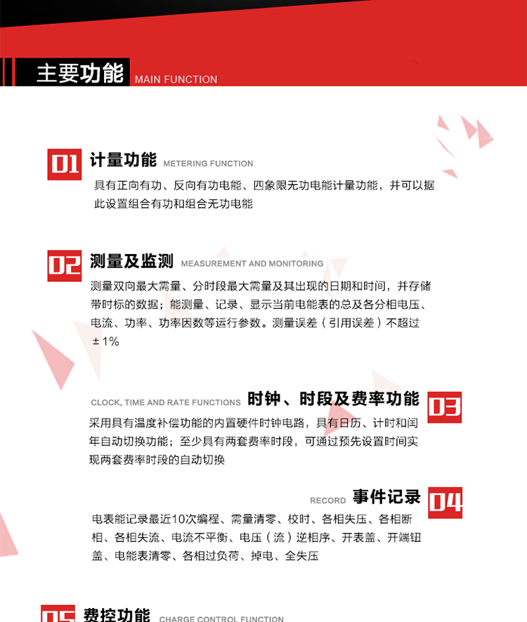 主要功能
1. 　電能計量
具有正向有功、反向有功電能、四象限無功電能計量功能，并可以據(jù)此設置組合有功和組合無功電能。
2. 　需量計量
測量雙向最大需量、分時段最大需量及其出現(xiàn)的日期和時間，并存儲帶時標的數(shù)據(jù)。
3. 　測量及監(jiān)測
能測量、記錄、顯示當前電能表的總及各分相電壓、電流、功率、功率因數(shù)等運行參數(shù)。測量誤差（引用誤差）不超過±1%。
4. 　時鐘、時段及費率功能
采用具有溫度補償功能的內(nèi)置硬件時鐘電路，具有日歷、計時和閏年自動切換功能。內(nèi)部時鐘端子輸出頻率為1Hz。至少具有兩套費率時段，可通過預先設置時間實現(xiàn)兩套費率時段的自動切換。每套費率時段全年至少可設置2個時區(qū)，24小時內(nèi)至少可以設置8個時段，時段最小間隔為15分鐘，并且時段間隔大于表內(nèi)設定的需量周期值，時段可跨越零點設置。
5. 　費控功能 
電能表費控功能的實現(xiàn)方式通過CPU卡等固態(tài)介質(zhì)實現(xiàn)。具有兩套階梯電價計費方式，并可在設置時間點啟用另一套階梯電價計費。
6. 　無線通信
通過無線通信與主站通信。支持在安全認證前提下，通過無線網(wǎng)絡信道修改費率時段表及電價。
7. 　事件記錄
電表能記錄最近10次編程、需量清零、校時、各相失壓、各相斷相、各相失流、電流不平衡、電壓（流）逆相序、開表蓋、開端鈕蓋、電能表清零、各相過負荷、掉電、全失壓。
8. 　凍結
具有定時凍結、瞬時凍結、約定凍結和日凍結功能。
9.　 負荷記錄
記錄正反向有功總電能、無功總電能、四象限無功總電能、組合有功、組合無功1、組合無功2，負荷記錄間隔時間可以在1～60min范圍內(nèi)設置，時間間隔為1min的情況下可記錄不少于40天的數(shù)據(jù)容量。
10. 　停電抄表
在停電狀態(tài)下，能通過按鍵或非接觸方式喚醒電能表，抄讀電能量等數(shù)據(jù)。
11. 擴展功能
計量視在電能、諧波電壓、電流、電量的監(jiān)測、電能質(zhì)量監(jiān)測和計算鐵損、銅損。 