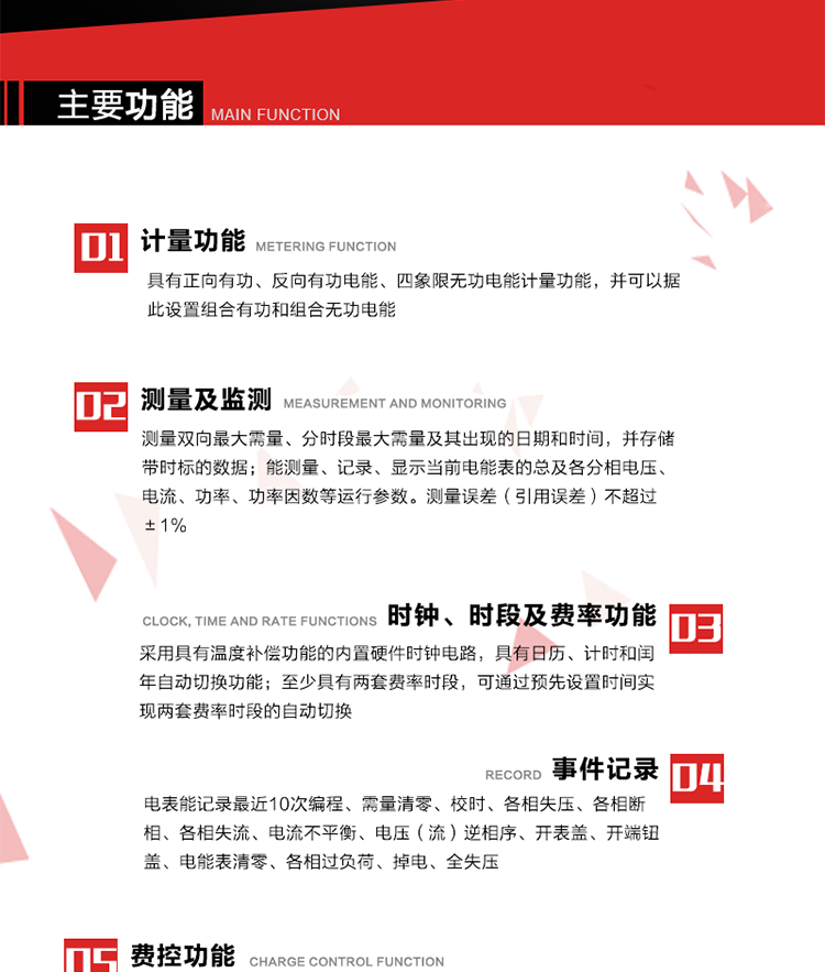 主要功能
1. 　電能計量
具有正向有功、反向有功電能、四象限無功電能計量功能，并可以據(jù)此設(shè)置組合有功和組合無功電能。
2. 　需量計量
測量雙向最大需量、分時段最大需量及其出現(xiàn)的日期和時間，并存儲帶時標的數(shù)據(jù)。
3. 　測量及監(jiān)測
能測量、記錄、顯示當前電能表的總及各分相電壓、電流、功率、功率因數(shù)等運行參數(shù)。測量誤差（引用誤差）不超過±1%。
4. 　時鐘、時段及費率功能
采用具有溫度補償功能的內(nèi)置硬件時鐘電路，具有日歷、計時和閏年自動切換功能。內(nèi)部時鐘端子輸出頻率為1Hz。至少具有兩套費率時段，可通過預(yù)先設(shè)置時間實現(xiàn)兩套費率時段的自動切換。每套費率時段全年至少可設(shè)置2個時區(qū)，24小時內(nèi)至少可以設(shè)置8個時段，時段最小間隔為15分鐘，并且時段間隔大于表內(nèi)設(shè)定的需量周期值，時段可跨越零點設(shè)置。
5. 　費控功能 
電能表費控功能的實現(xiàn)方式通過公網(wǎng)等虛擬介質(zhì)和遠程售電系統(tǒng)實現(xiàn)。
6. 　 載波通信
在載波集中器和主站系統(tǒng)的配合下，可通過載波，按設(shè)定的采集方案定時數(shù)據(jù)采集，并可實時監(jiān)測電表運行狀態(tài)。
7. 　事件記錄
電表能記錄最近10次編程、需量清零、校時、各相失壓、各相斷相、各相失流、電流不平衡、電壓（流）逆相序、開表蓋、開端鈕蓋、電能表清零、各相過負荷、掉電、全失壓。
8. 　凍結(jié)
具有定時凍結(jié)、瞬時凍結(jié)、約定凍結(jié)和日凍結(jié)功能。
9.　 負荷記錄
記錄正反向有功總電能、無功總電能、四象限無功總電能、組合有功、組合無功1、組合無功2，負荷記錄間隔時間可以在1～60min范圍內(nèi)設(shè)置，時間間隔為1min的情況下可記錄不少于40天的數(shù)據(jù)容量。
10. 　停電抄表
在停電狀態(tài)下，能通過按鍵或非接觸方式喚醒電能表，抄讀電能量等數(shù)據(jù)。
11. 擴展功能
計量視在電能、諧波電壓、電流、電量的監(jiān)測、電能質(zhì)量監(jiān)測和計算鐵損、銅損。 