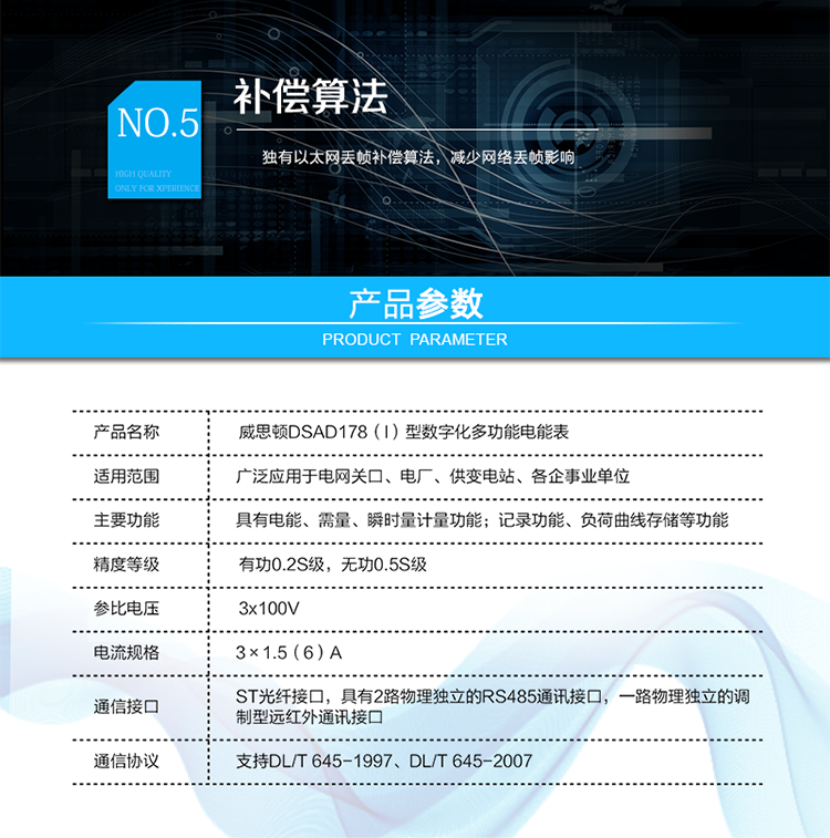 技術(shù)指標(biāo)
技術(shù)參數(shù)項(xiàng)目	項(xiàng)目?jī)?nèi)容
技術(shù)標(biāo)準(zhǔn)	GB/T 17215.322-2008  GB/T 17215.323-2008  DL/T 614-2007
Q/GDW 357-2009  Q/GDW 358-2009
通訊接口	與過(guò)程層通訊接口（可根據(jù)用戶要求定制）：
ST光纖接口，多模，波長(zhǎng)1300nm，100Mbps
 	與站控層或電量采集器通訊接口：
具有2路物理獨(dú)立的RS485通訊接口。
 	本地維護(hù)通訊接口：
具有一路物理獨(dú)立的調(diào)制型遠(yuǎn)紅外通訊接口。
通訊協(xié)議	與過(guò)程層通訊協(xié)議：
支持IEC61850-9-1、IEC61850-9-2、IEC61850-9-2LE、GMRP標(biāo)準(zhǔn)
 	與站控層或電量采集器通訊協(xié)議：
支持DL/T 645-1997、DL/T 645-2007
 	本地維護(hù)通訊協(xié)議：
支持DL/T 645-2007
工作電源	雙路冗余外接電源供電，可任意接入一路或同時(shí)接入兩路。
兩路電源均為交直流自適應(yīng)，電源輸入范圍為85V～265V。
采樣速率	支持4～12.8kHz采樣
整機(jī)功耗	<10VA
工作溫度	-25℃～+55℃
相對(duì)濕度	≤95%(無(wú)凝露)
時(shí)鐘誤差	≤0.5s/d（23℃）
負(fù)荷曲線存儲(chǔ)容量	4Mbytes